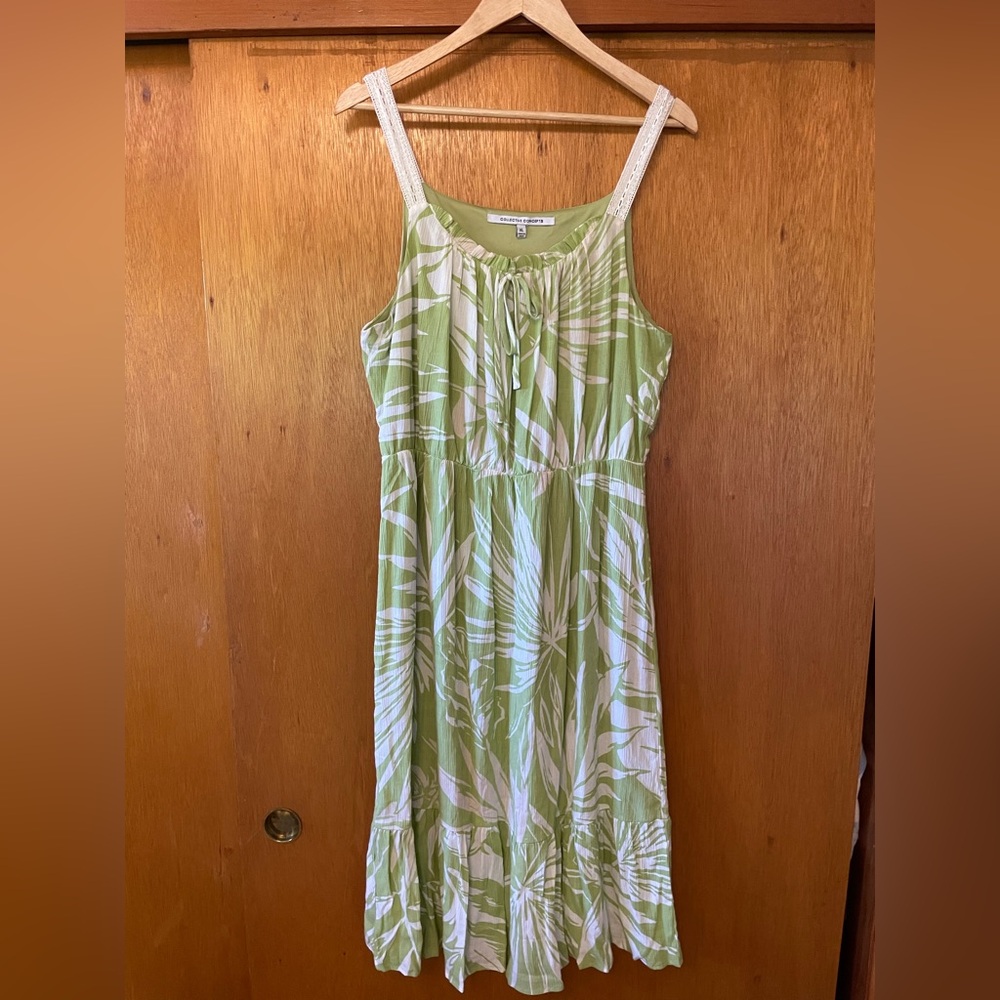 COLLECTIVE CONCEPTS CROCHET TROPICAL MIDI DRESS GREEN OFFWHITE XL BOHO PEASANT